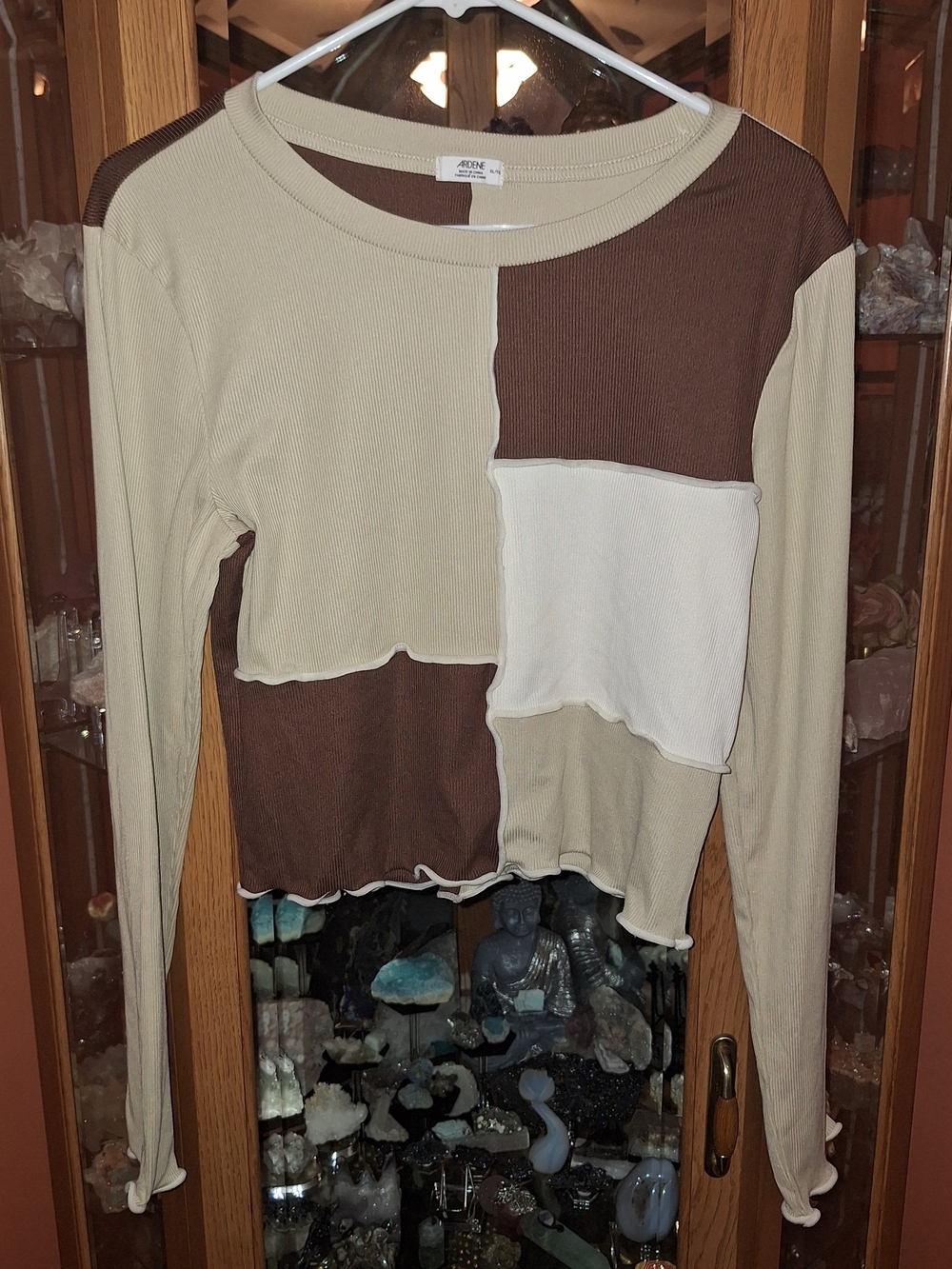 Patchwork Long-Sleeve Ribbed Top - Beige & Brown